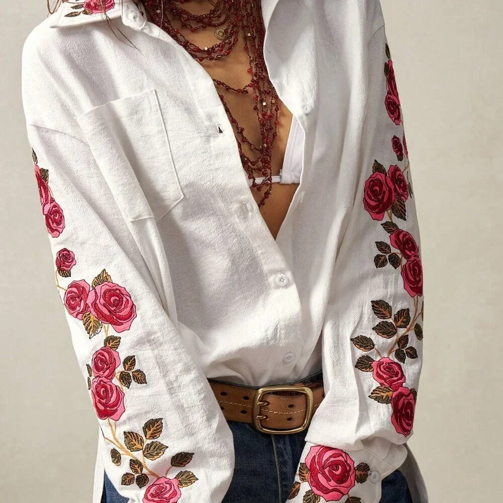 White Boho Women's Woven Asymmetrical Long Sleeve Shirt - Picture 4 of 7